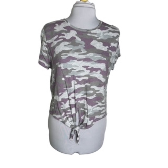 NWOT Mauve/Army Green Came Design Crew Neck Low Tie Front Tee-Shirt Size L - Picture 1 of 6